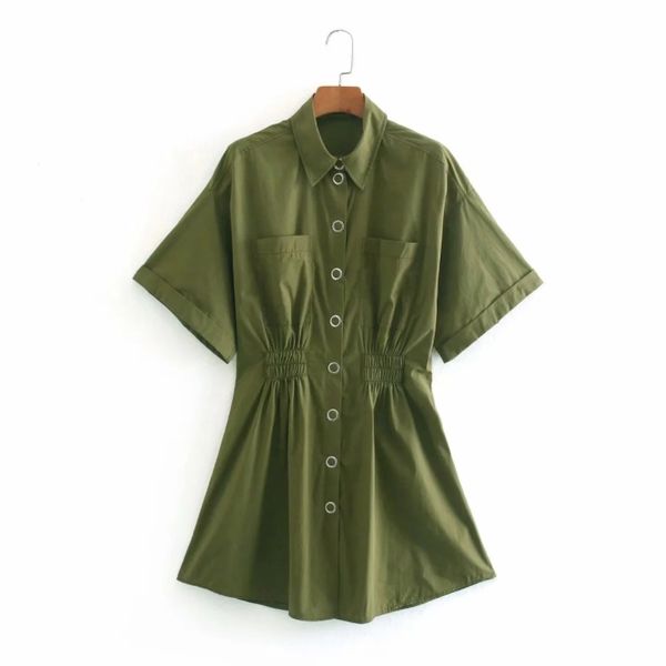 Verão Mulheres Exército Verde Mini Camisa Vestido Feminino Manga Curta Roupa Casual Lady Vestido D7610 210430