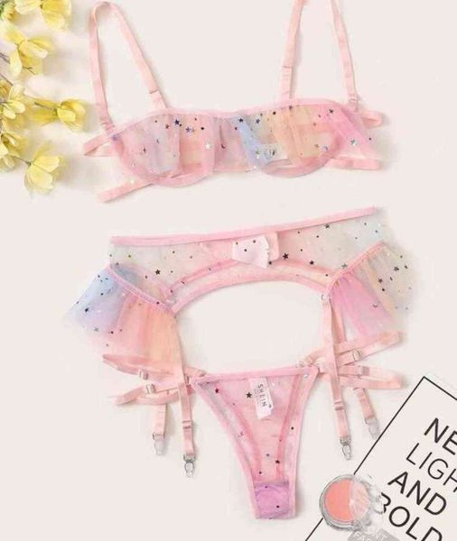 

nxy set 2021 lingerie set ruffles mesh sheer bras and panties with garters see-through for honeymoon exotic  1127, Red;black