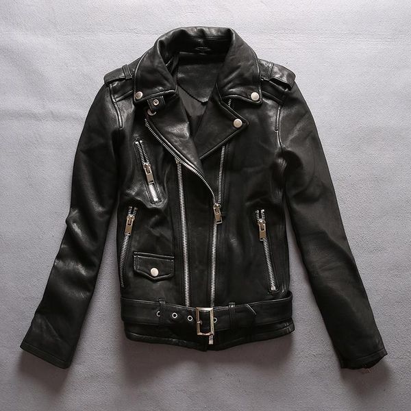 

women's leather & faux arrival spring sheepskin women fashion slim motorcycle jacket zipper real coat adjustable waist, Black