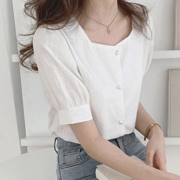 

women's blouses & shirts summer french style square colllar solid button up blouse short sleeve simple casual fresh sweet moda elegant, White