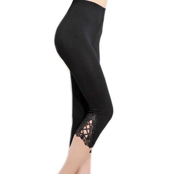 

yoga outfit womens 3/4 length basic leggings hollow out crochet lace capri cropped summer pants candy color high waist stretch slim trousers