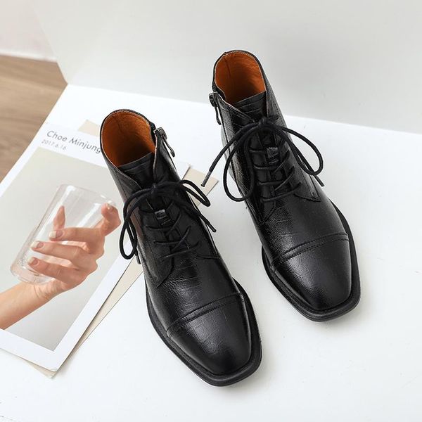 

boots mordoan genuine leather women's thick-soled round toe british style 2021 autumn lace ankle women, Black