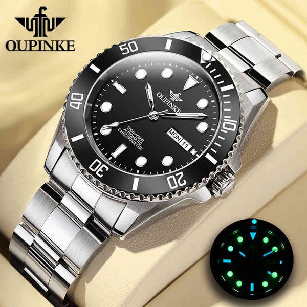 

oupinke luxury watches for men automatic mechanical sapphire mirror 200m waterproof brand stainless steel diving wristwatch, Silver