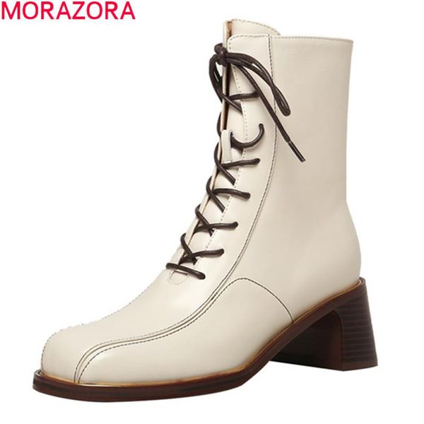

boots morazora 2021 fashion women thick high heels square toe ladies shoes autumn winter genuine leather ankle, Black