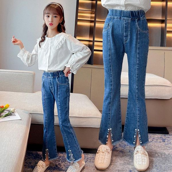 

jeans for girls 2021 autumn fashion kids bell-bottomed pants children's clothing casual teenager high waist pearl trousers, Blue