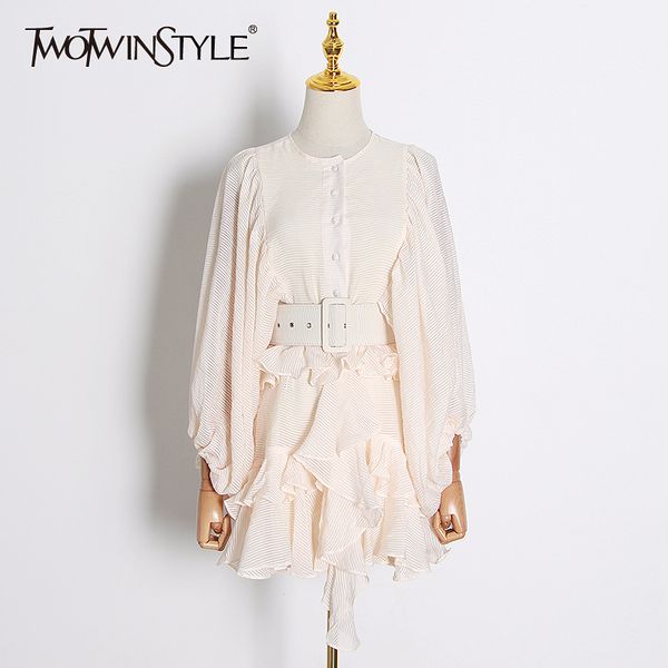 

twotwinstyle vintage patchwork ruffles women dresses o neck lantern long sleeve high waist with sashes dress female fashion tide, Black;gray
