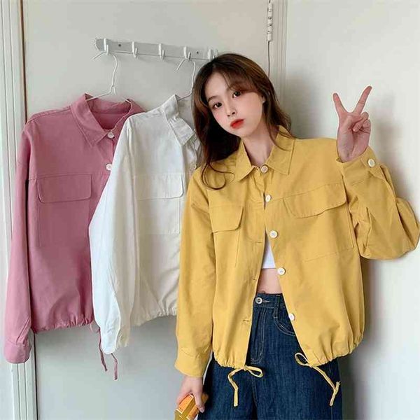 

spring autumn women's jacket korean solid color drawstring wide loose pocket long-sleeved versatile coats gx802 210507, White