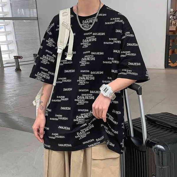 

short t-shirt men's loose 2021 summer new brand personalized english hip hop half sleeve fashion clothes t-shirt, Black