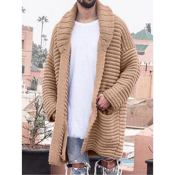 

sweater autumn winter men's cardigan knitted medium length long sleeve lapel pocket solid thicken warm sweater casual coat, White;black
