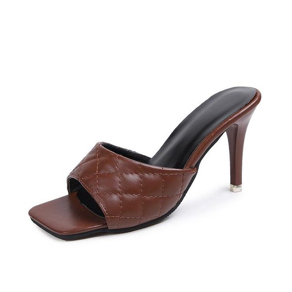 

women shoes 2021 brand design slippers elegant square toe thin high heels 9cm summer outdoor beach slides, Black