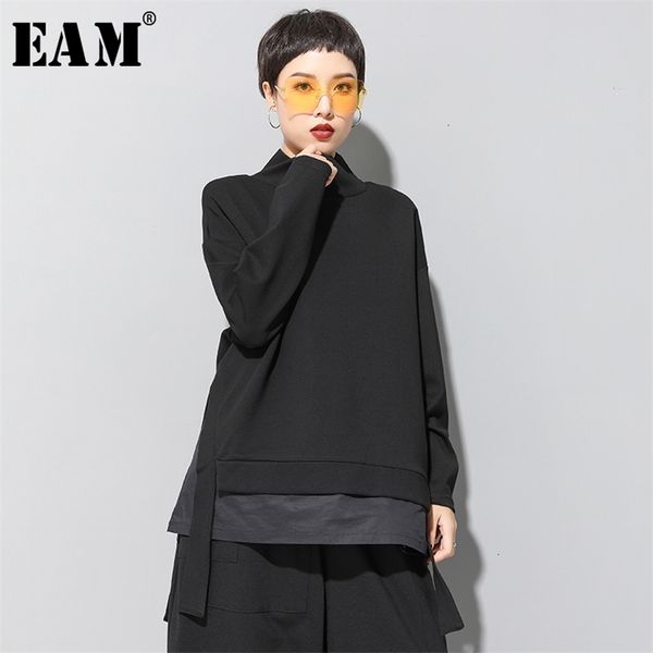 

[eam] loose fit asymmetrical oversized sweatshirt high collar long sleeve women big size fashion spring autumn 19a-a124 210805, Black