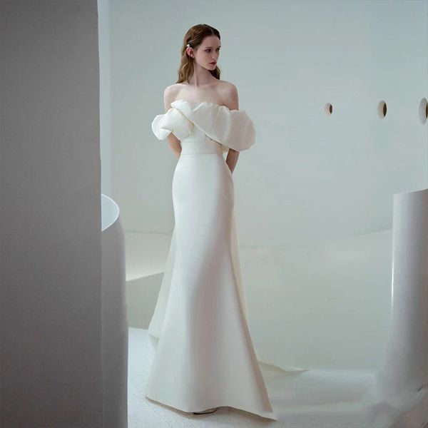 

modern wedding dress with bateau off-shouder bridal gown custom made satin floor-length robes de mariÃ©e, White