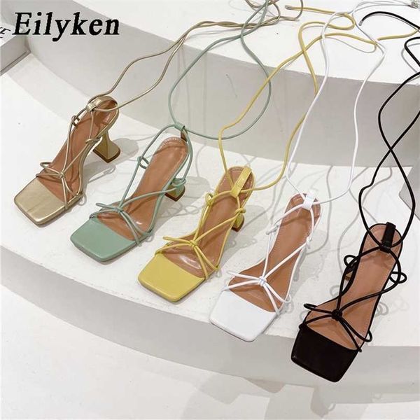 

eilyken design yellow ankle strap sandals women square heel party lace-up summer strange style sandal shoes 211214, Black