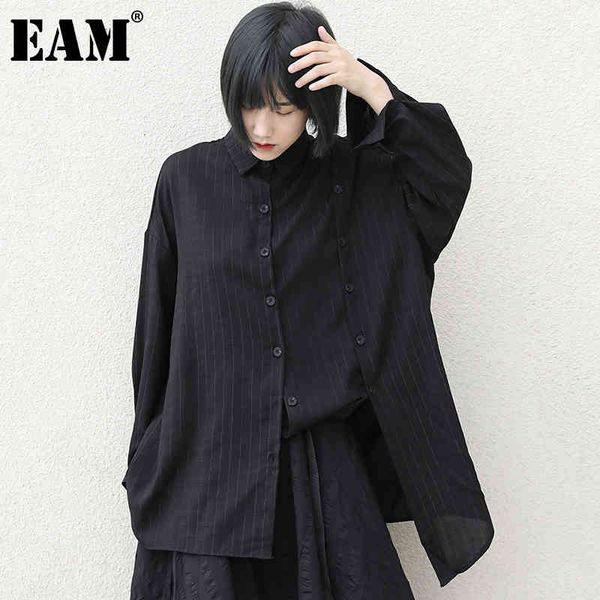 

[eam] women black striped big size irregular blouse lapel long sleeve loose fit shirt fashion spring autumn 1dd8621 21512, White