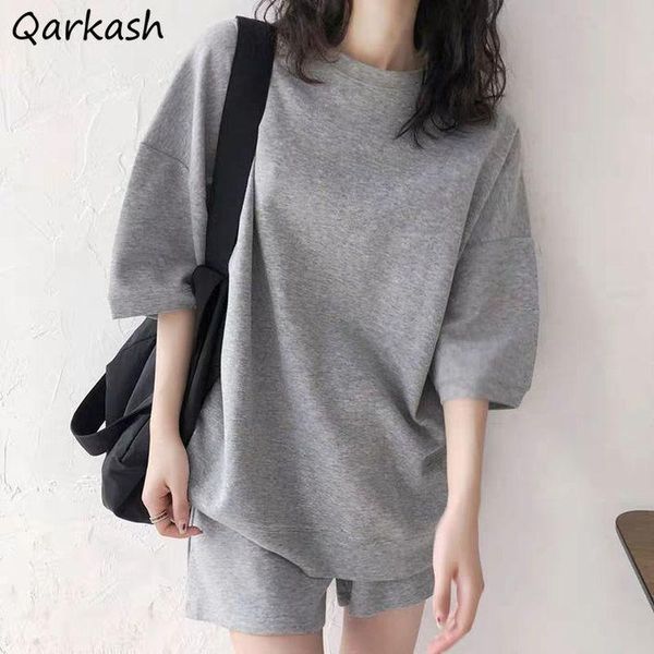 

women's tracksuits sets women summer two piece o-neck half sleeve long style t-shirts solid all-match elastic waist shorts couple chi, Gray