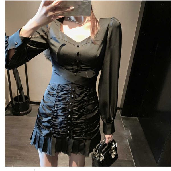 

luxury evening dress 2021 style square neck bubble sleeve for women in autumn and winter, Black;gray