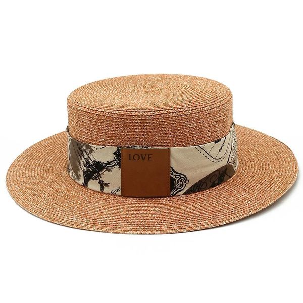 

letter leather flat straw hat ribbon boatman beach ladies summer wide brim panama travel gorras hats, Blue;gray