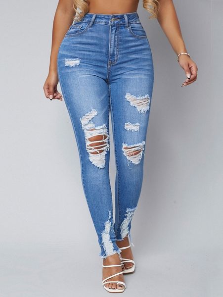 

sxy ripped raw hem skinny jeans a2t3#, Blue