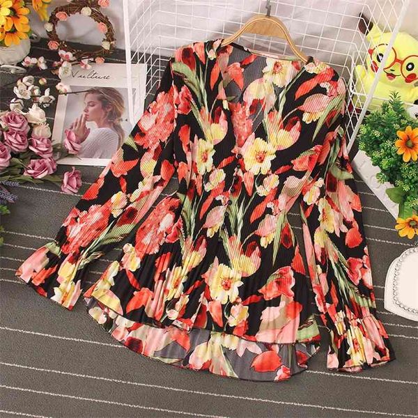 

autumn style long-sleeved floral v-neck button all-match loose plus size shirt korean fashion outer jacket uk024 210507, White