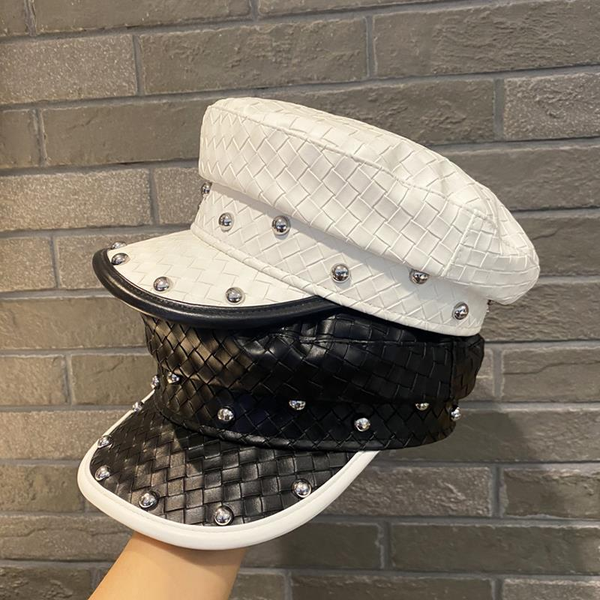 

luxury stingy brim hats leather navy hat female fall/winter new korean fashion joker cap british luxury plaid octagonal hat tide, Blue;gray