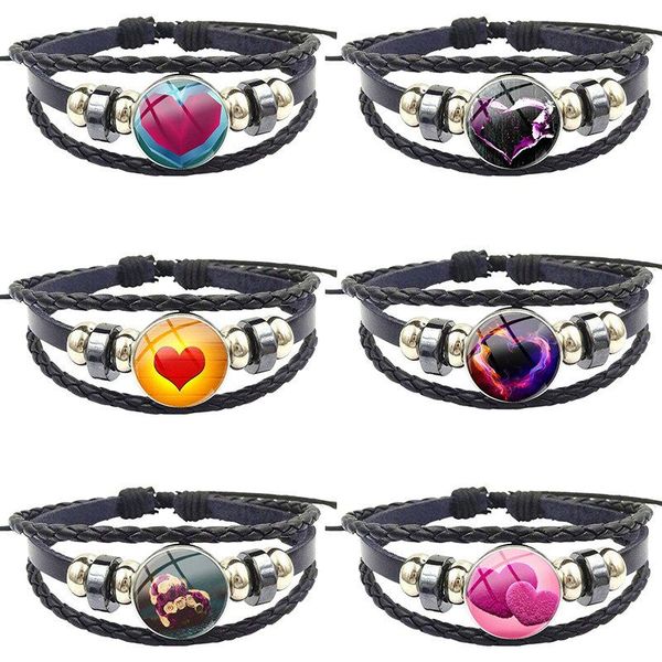 

charm bracelets fashion glass stone surface black leather bracelet bangle women statement jewelry for gift heart love, Golden;silver