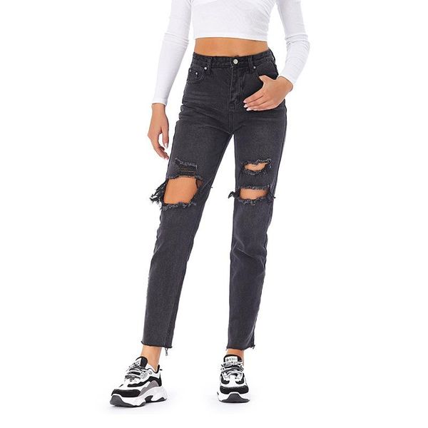 

women's jeans women denim slim trousers high waist destroyed knee holes casual pencil pants stretch ripped boyfriend female, Blue