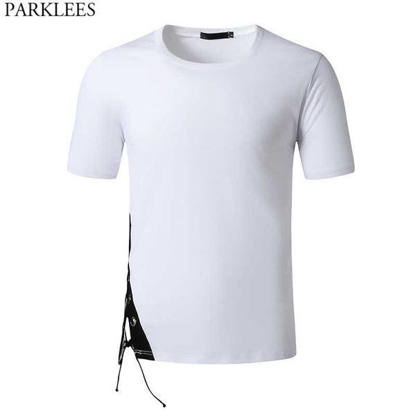 Fashion Bottom Drawstring White Tshirt Uomo Slim Fit O Neck Mens T-shirt Hip Hop Harajuku Casual Streetwear Tee Shirt Homme 2XL 210522