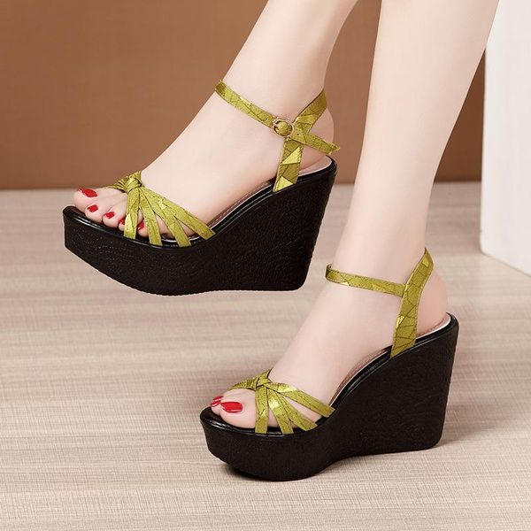 

sandals plus size 32-43 platform wedges women shoes 2021 summer fresh green high heels ladies office party beach9546807, Black