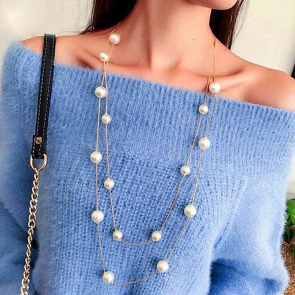 

necklaces pendants simulated pearls long chain sweater necklace double layer lady clavicle collar elegant jewelry party prom pearl, Silver