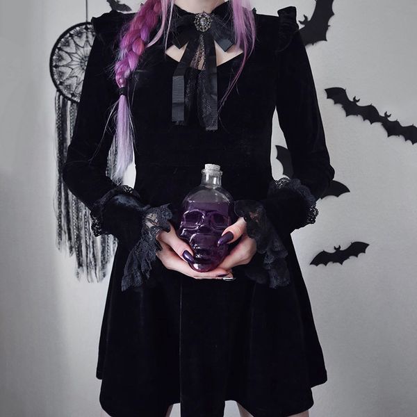 

dress Gothic Retro Black elegant striped Lace Mini party women's autumn, Black;gray