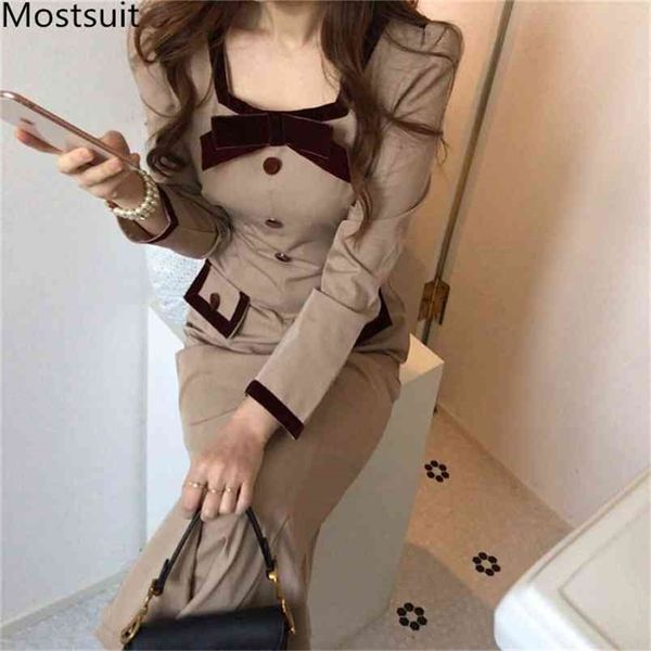 

korean vintage bow women long mermaid dress autumn winter sleeve square collar color-blocked elegant ladies vestidos 210513, Black;gray
