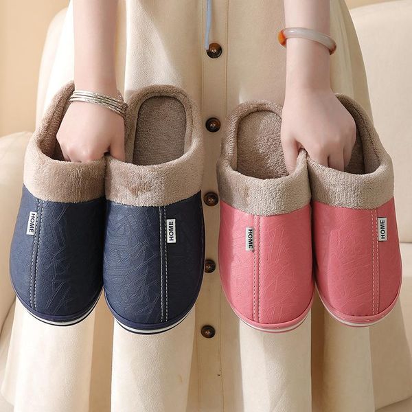 

slippers 2021 waterproof leather women winter warm cotton closed toe footwear slip on flat platform shoes soft plush slides, Black