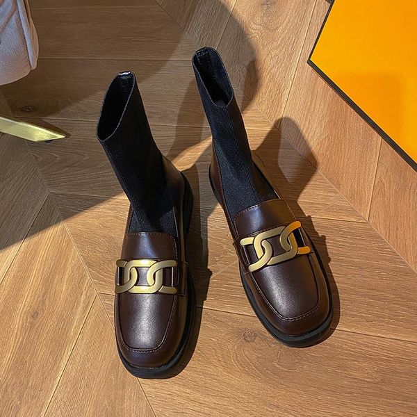 

boots sock shoes boots-women round toe winter footwear stockings 2021 rock rubber ladies autumn mid calf leather low hoof heels, Black