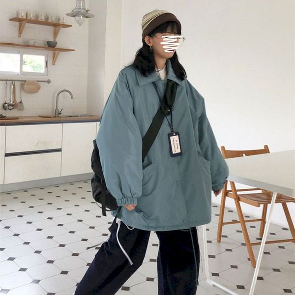 

thien solid parkas woman college style loose long-sleeved single-breasted parkas women winter warm slim womens jaet 2021 no, Black