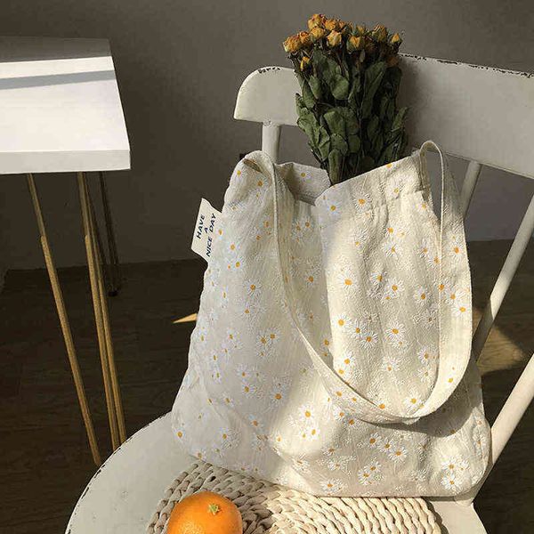 

women canvas shoulder bags embossed daisy design ladies floral handbag casual tote literary books shopping for girls