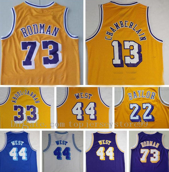 

men professional basketball dennis rodman jersey 73 wihamberlain 13 jelt crry west 44 kareem abdul jabbar 33 elgin baylor 22 purple yellow w, Black;red