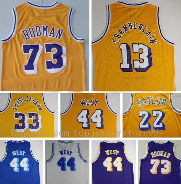 Camisa masculina de basquete profissional Dennis Rodman 73 Wihamberlain 13 Jelt Crry West 44 Kareem Abdul Jabbar 33 Elgin Baylor 22 Roxo Amarelo Branco Tamanho S-2XL