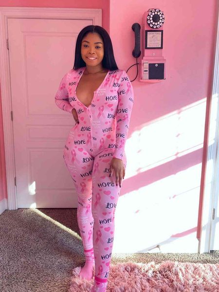 

Womens Designer Jumpsuits Autumn Long Sleeve V Neck Letter Print Skinney Rompers Fashion Casual Pajamas Home Clothing, Pink