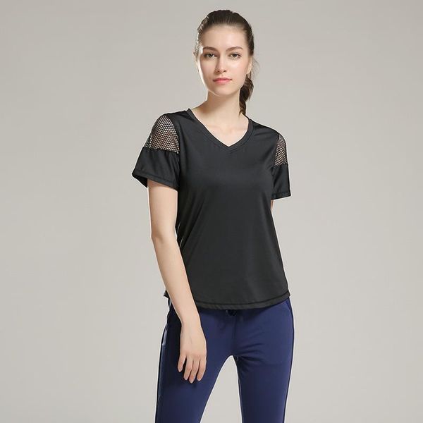 

yoga outfits woman short sleeve shirt elastic mesh sports t fitness women's gym running black tee, White;red
