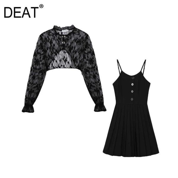 

[deat] summer fashion long sleeve round neck lace mini solid color dress women two-piece suit 13q455 210527, White