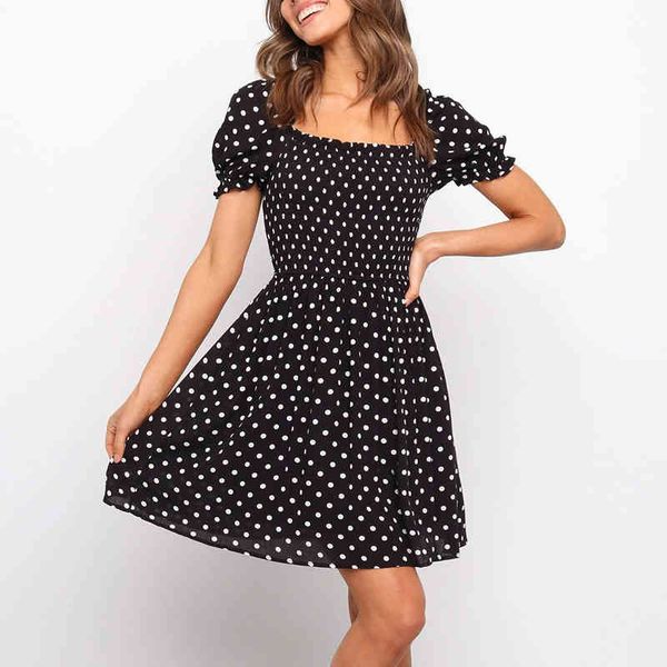 Polka Dot Vestido Preto Branco Mulheres Vestido Verão Vestido Quadrado Collar A-Linha Mini Sundress Vestidos de Mujer Outfit 210415