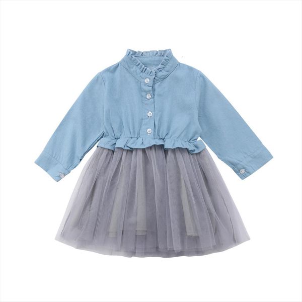 

cute kid baby girl dress casual long sleeve denim patchwork tutu tulle princess party sleeveless 1 6y, Red;yellow