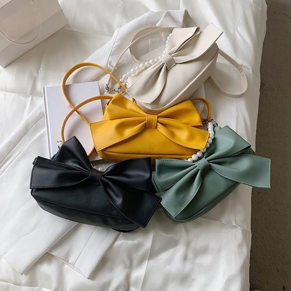 

cross body women pu leather shoulder crossbody bag casual ladies pearl chain solid color bowknot decor handbag streetwear