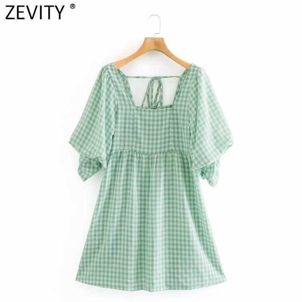 ZEVITY Frauen Vintage Quadrat Kragen Plaid Print Casual Vestidos Damen Falten Zurück Lace Up Casual Slim Kimono Kleider DS4287 210603