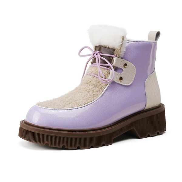

boots faux fur snow women winter patent leather low heel shoes ladies white purple lace up platform patchwork warm ankle, Black
