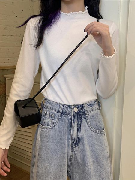 

women's t-shirt edge half high collar white bottomed shirt autumn clothes 2021 style with long sleeve sweater black top
