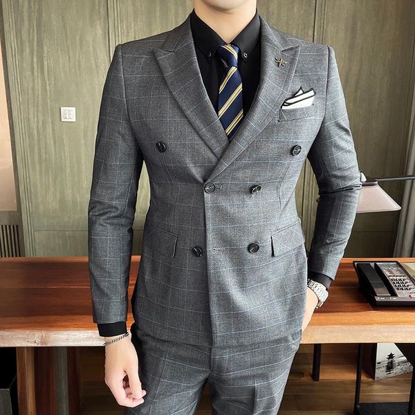 

men's suits & blazers (jacket +vest+pants t) 2021 fashion men casual boutique slim fit 3 pcs set man double breasted plaid tuxedo, White;black