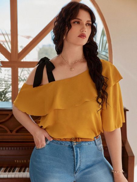 

plus knot shoulder ruffle trim f3jh#, Black