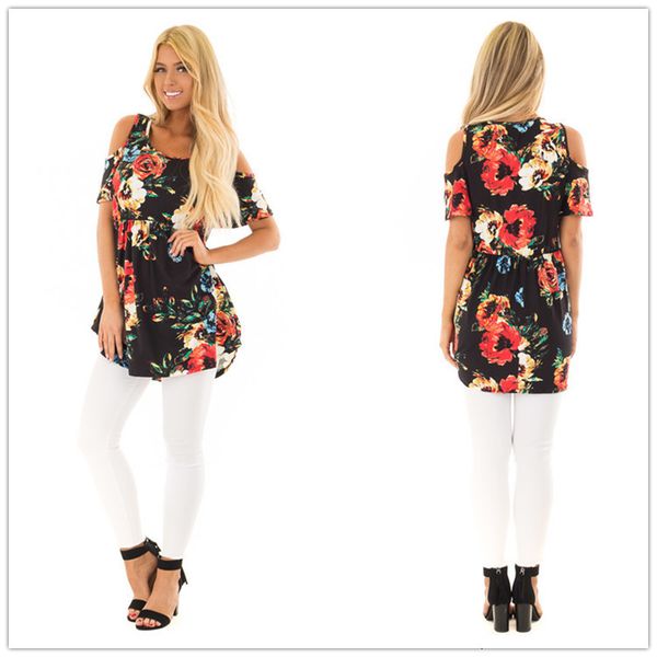 

fashion digital print round neck off shoulder women's t-shirt, Black;gray