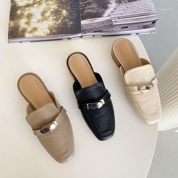 

british square toe mid-heel chunky heel all-matching simple muller shoe tip half slippers pumps1, Black